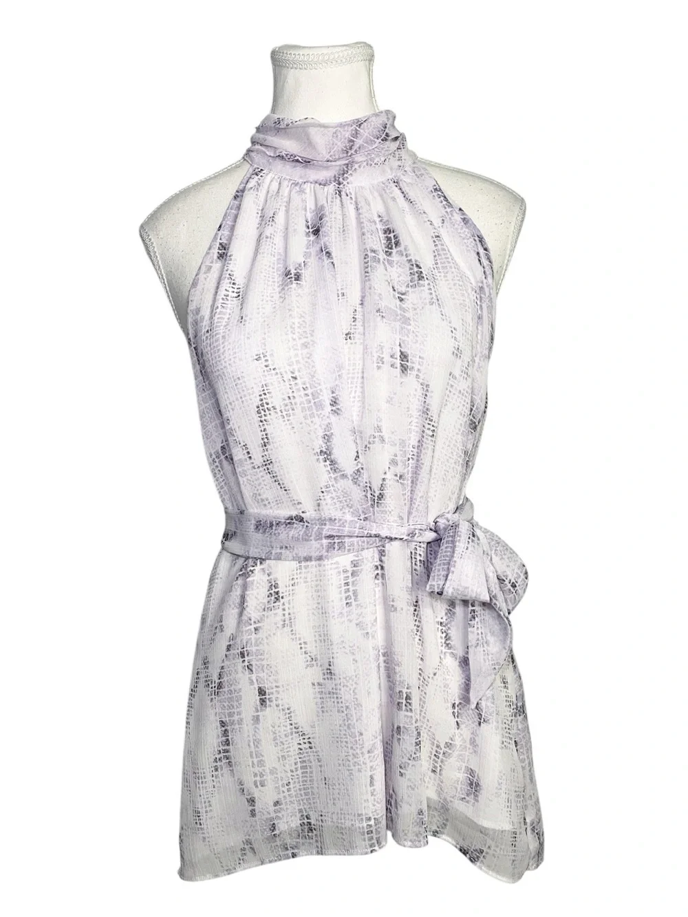 White House Black Market Lavender Snakeskin Halter Tie-Waist Blouse Size L - Picture 1 of 14